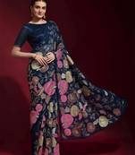 Navy blue color sequence georgette designer saree with art silk blouse