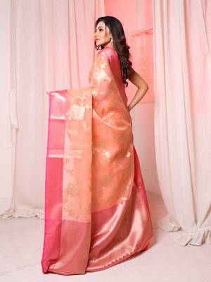 Peach Organza saree with Pink contrast border and pallu 3