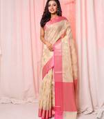 Cream White Organza saree with contrast Pink Border and Pallu