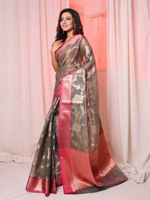  Dark Grey Organza saree with contrast Pink Border and Pallu 1