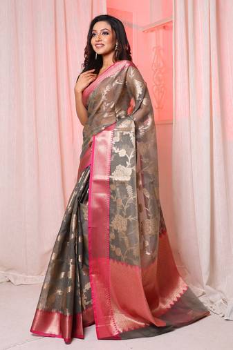  Dark Grey Organza saree with contrast Pink Border and Pallu