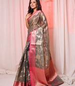  Dark Grey Organza saree with contrast Pink Border and Pallu