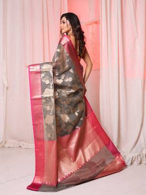  Dark Grey Organza saree with contrast Pink Border and Pallu 3