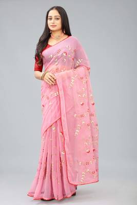 Pink shimmer chiffon pita work embroidered saree with blouse piece 1
