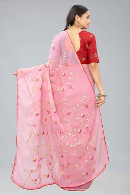 Pink shimmer chiffon pita work embroidered saree with blouse piece 2
