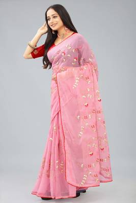 Pink shimmer chiffon pita work embroidered saree with blouse piece 3