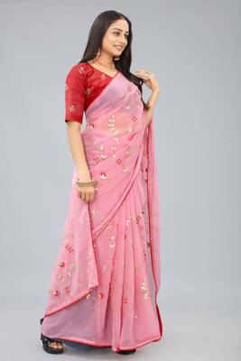 Pink shimmer chiffon pita work embroidered saree with blouse piece 4