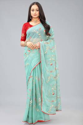 Sky blue shimmer chiffon pita work embroidered saree with blouse piece 1