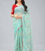 Sky blue shimmer chiffon pita work embroidered saree with blouse piece