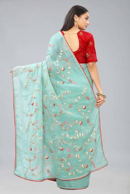 Sky blue shimmer chiffon pita work embroidered saree with blouse piece 2