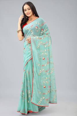 Sky blue shimmer chiffon pita work embroidered saree with blouse piece 3