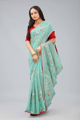 Sky blue shimmer chiffon pita work embroidered saree with blouse piece 4