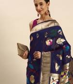 Navy Blue Woven Paithani Silk Blend Saree With Blouse