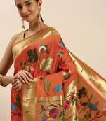 Orange Woven Paithani Silk Blend Saree With Blouse