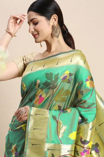 Sea Green Woven Paithani Silk Blend Saree With Blouse