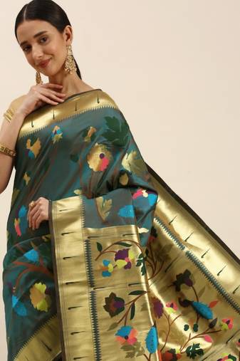 Teal Woven Paithani Silk Blend Saree With Blouse