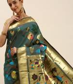 Teal Woven Paithani Silk Blend Saree With Blouse