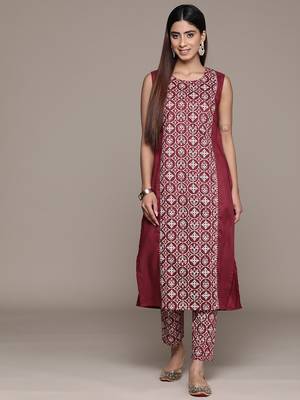 Ziyaa women's red chinon straight kurta and pant set 1