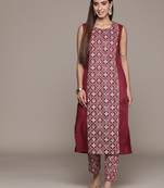 Ziyaa women's red chinon straight kurta and pant set