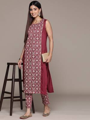 Ziyaa women's red chinon straight kurta and pant set 2