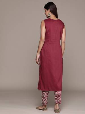 Ziyaa women's red chinon straight kurta and pant set 3