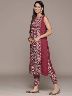 Ziyaa women's red chinon straight kurta and pant set 4