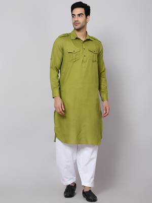 SULTAN LIGHT OLIVE COTTON BLEND PATHANI FOR MEN 3