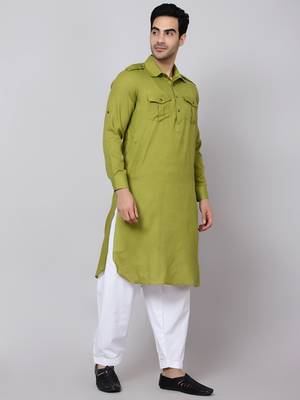 SULTAN LIGHT OLIVE COTTON BLEND PATHANI FOR MEN 4