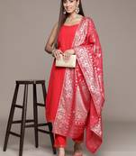 Ziyaa women's red crepe straight kurta, pant and dupatta set