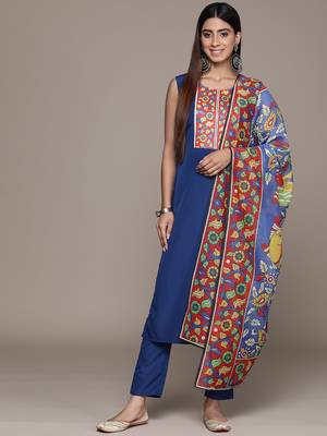 Ziyaa women's blue crepe straight kurta, pant and dupatta set 1