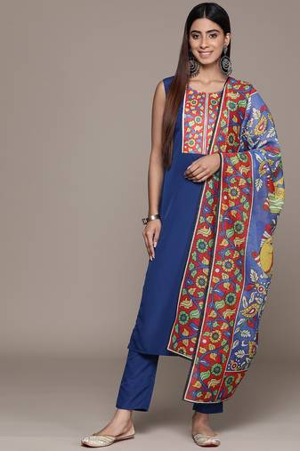 Ziyaa women's blue crepe straight kurta, pant and dupatta set
