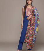 Ziyaa women's blue crepe straight kurta, pant and dupatta set