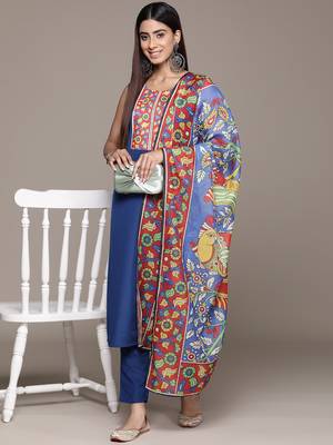 Ziyaa women's blue crepe straight kurta, pant and dupatta set 2