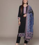 Ziyaa women's black crepe straight kurta, pant and dupatta set