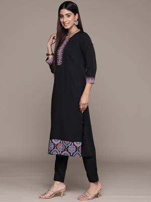 Ziyaa women's black crepe straight kurta, pant and dupatta set 4