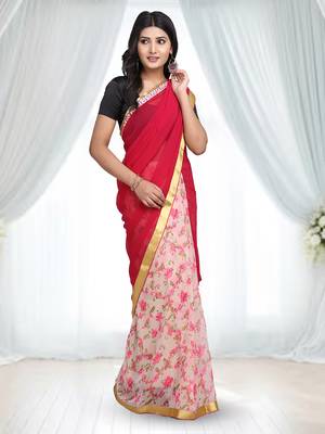 Pink printed Georgette saree with blouse 1