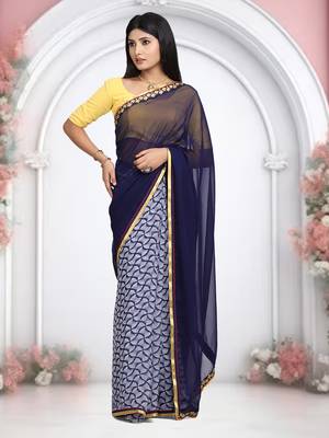 Blue printed georgette saree with blouse 1