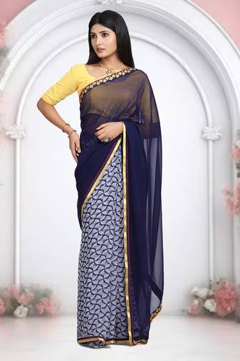Blue printed georgette saree with blouse