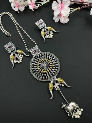 Indian traditional german silver pendant with peacock stone beads, oxidized designers long necklace jewelry set 1