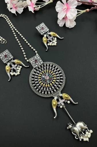 Indian traditional german silver pendant with peacock stone beads, oxidized designers long necklace jewelry set