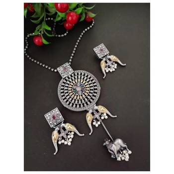Indian traditional german silver pendant with peacock stone beads, oxidized designers long necklace jewelry set 2