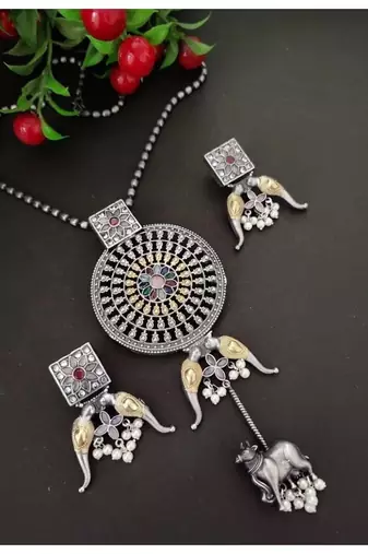 Indian traditional german silver pendant with peacock stone beads, oxidized designers long necklace jewelry set