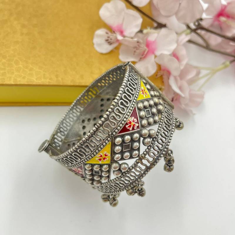 Ghungroo silver plated bangle floral designed oxidized hand jewellery indian silver kada ethnic bracelet for women
