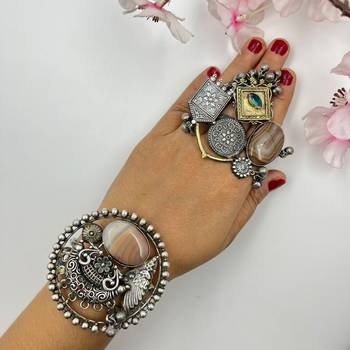 Beautiful antique oxidized indian silver plated fusion adjustable stone bracelet with ring combo set traditional jewelry 1