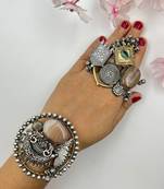 Beautiful antique oxidized indian silver plated fusion adjustable stone bracelet with ring combo set traditional jewelry