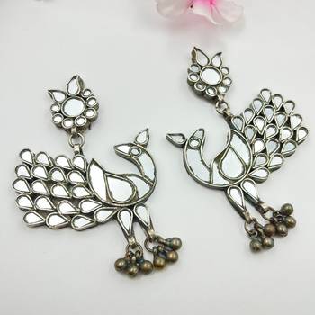 Mirror glass ghungroo oxidized handmade antique boho peacock dangle earrings indian ethnic traditional earrings jewelry 1