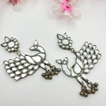 Mirror glass ghungroo oxidized handmade antique boho peacock dangle earrings indian ethnic traditional earrings jewelry 2