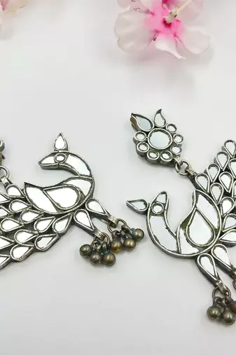 Mirror glass ghungroo oxidized handmade antique boho peacock dangle earrings indian ethnic traditional earrings jewelry