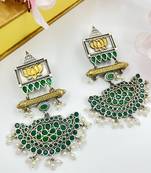 Lotus designed handmade golden and green coloured pearl dangle earrings oxidized antique boho style jewelry for women