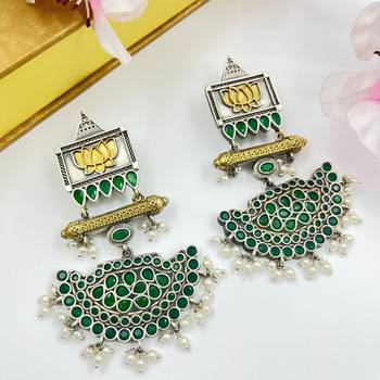 Lotus designed handmade golden and green coloured pearl dangle earrings oxidized antique boho style jewelry for women 2